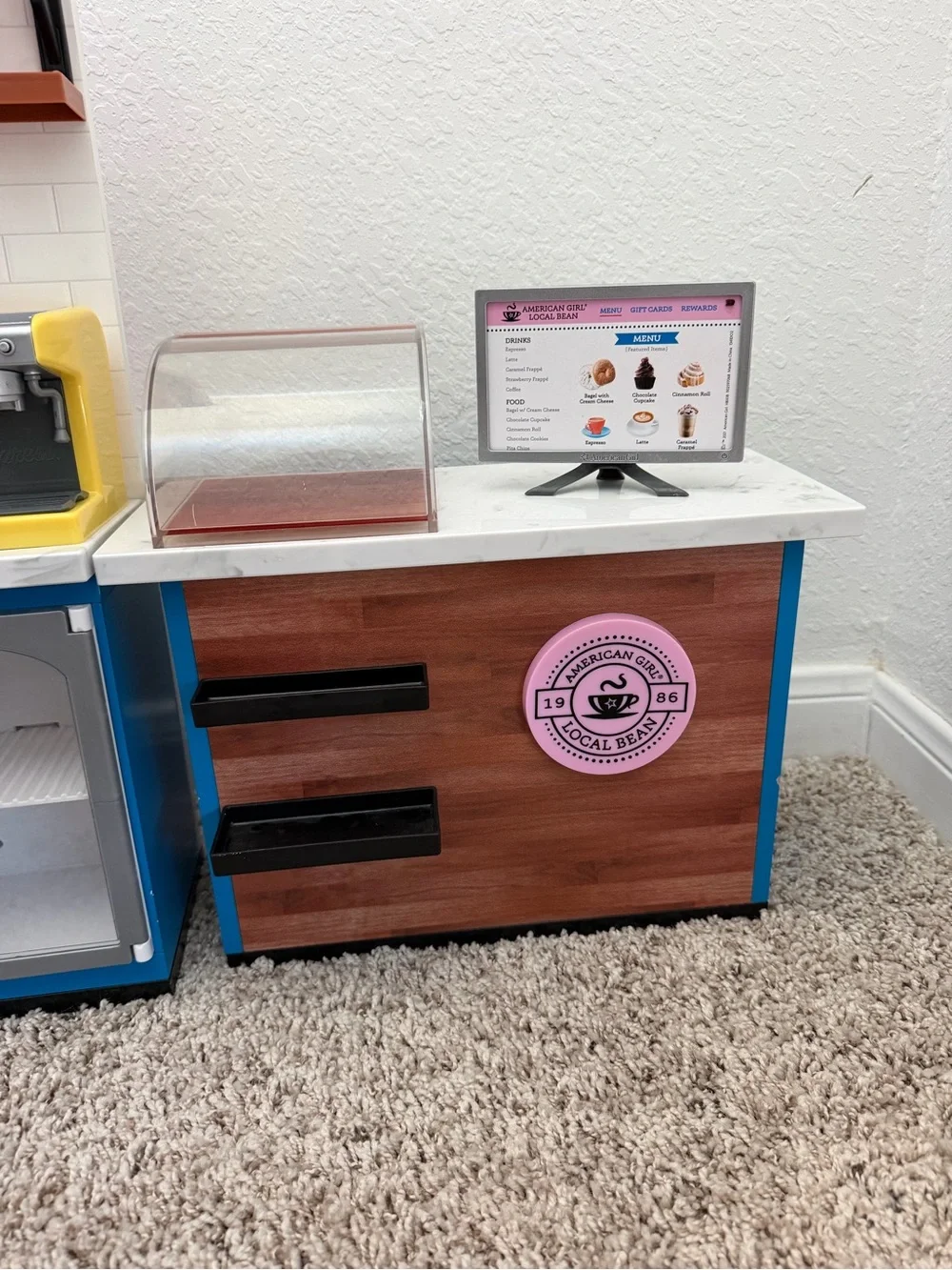 American Girl Yellow Espresso Machine and Blue Doll Café Counter Set